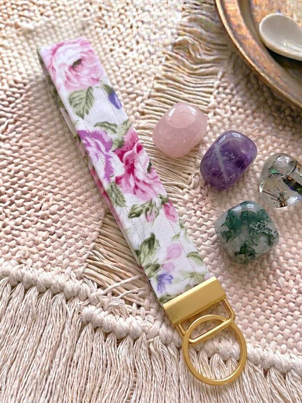 New Handmade Pink Rose Floral Botanical Fabric Key Fob Wristlet Keychain